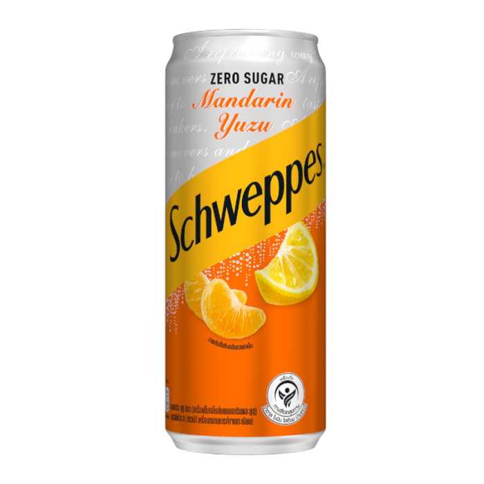 Front of Schweppes Mandarin Yuzu Soda Zero Sugar can displaying the brand logo, mandarin and yuzu flavours, and 330ml size.