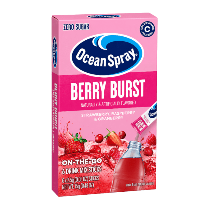 Front of Ocean Spray Berry Burst Singles to Go box showing logo, berry burst flavour label, and mix drink sticks (15g pack)