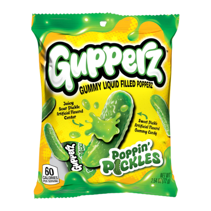 Front of Gupperz Poppin' Pickles Liquid Filled Gummies pack showing green gummy candies and bold flavour labels (72g)