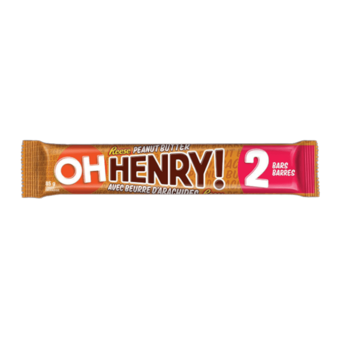 Front of Oh Henry Peanut Butter King Size bar showing logo, peanut butter flavour, and pack size (85g)
