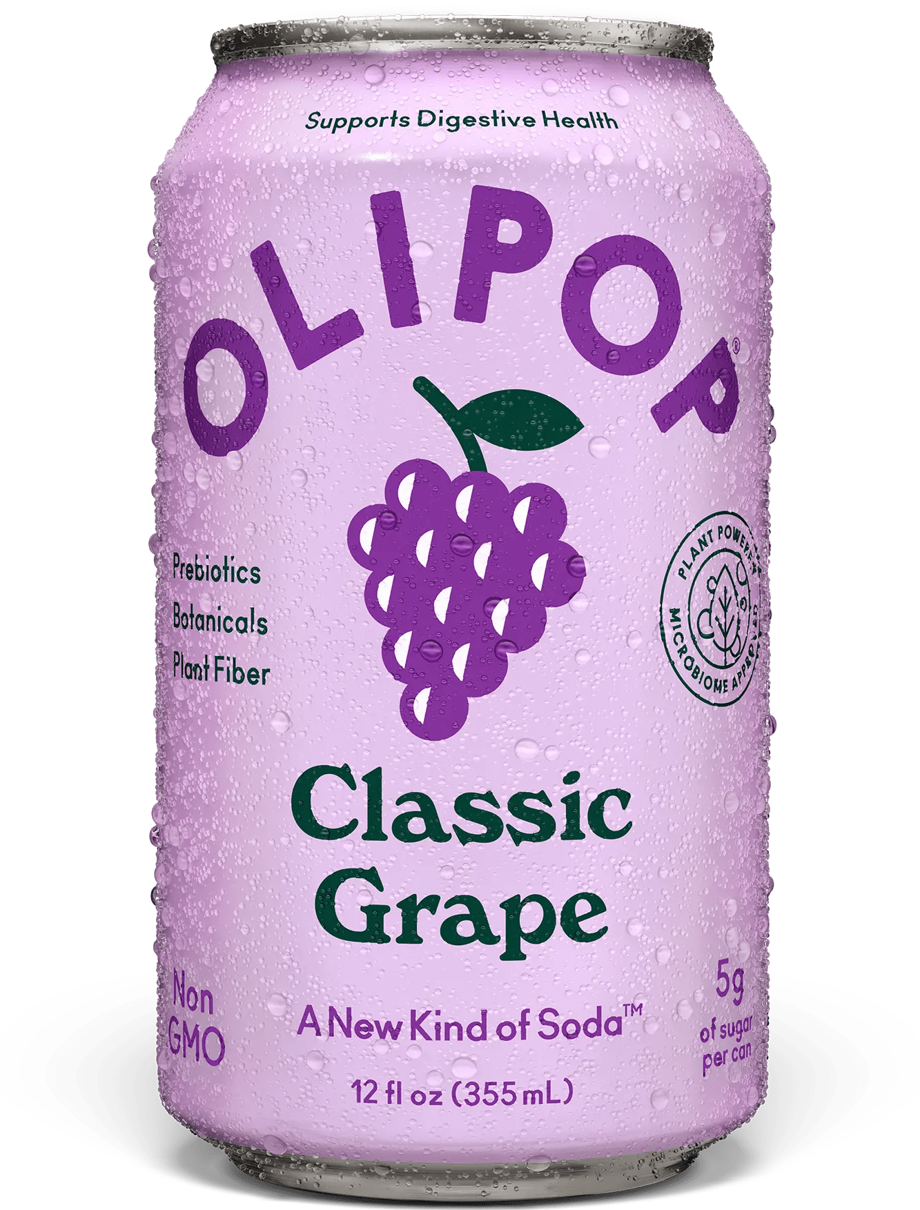 Front of Olipop Classic Grape can showcasing purple logo, grape design, and 355ml label details.