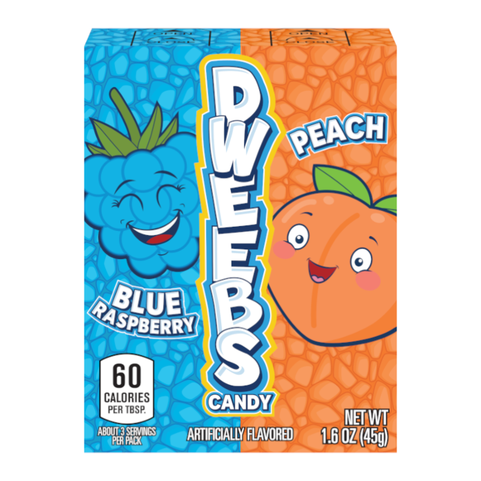 Front of Dweebs Blue Raspberry & Peach candy box featuring vibrant blue raspberry and peach designs with a playful character (45g pack)