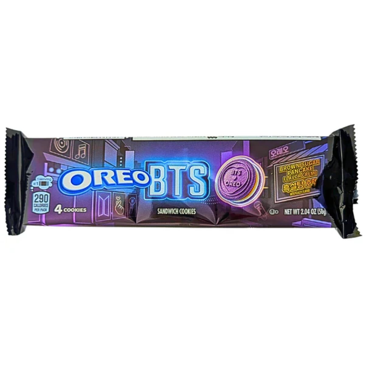Front of Oreo Limited Edition BTS Brown Sugar Pancake packaging showing bold Oreo logo, colourful design, and cookie details (58g pack)