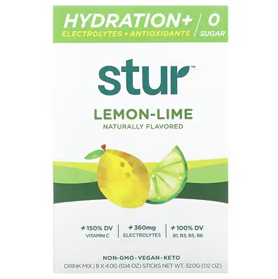 Front of Stur Lemon Lime Electrolytes + Antioxidants Singles To Go box showing vibrant lemon and lime graphics, hydration details, and 32g pack size.