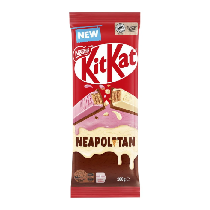 Front of Kit Kat Neapolitan packaging showing the Kit Kat logo, neapolitan flavour design, and 160g pack size