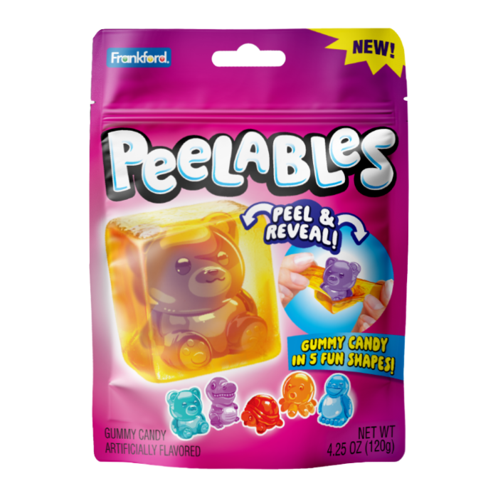 Front of Peelables Assorted Animals Gummies bag showing colourful gummy candy in fun animal shapes (120g pack)
