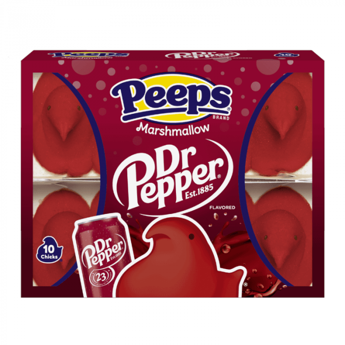Front of Peeps Dr Pepper Marshmallow Chicks pack showing logo, Dr Pepper flavour, and bright red marshmallow chick shapes (85g pack)