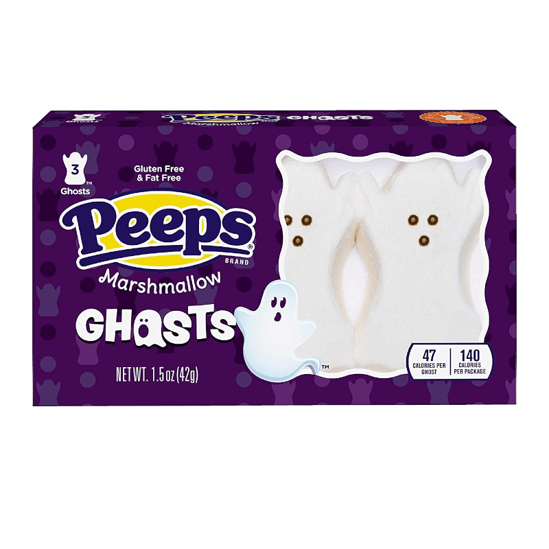 Front of Peeps Ghosts package featuring white marshmallow ghost shapes, brand logo, and labelled as gluten-free (42g pack)