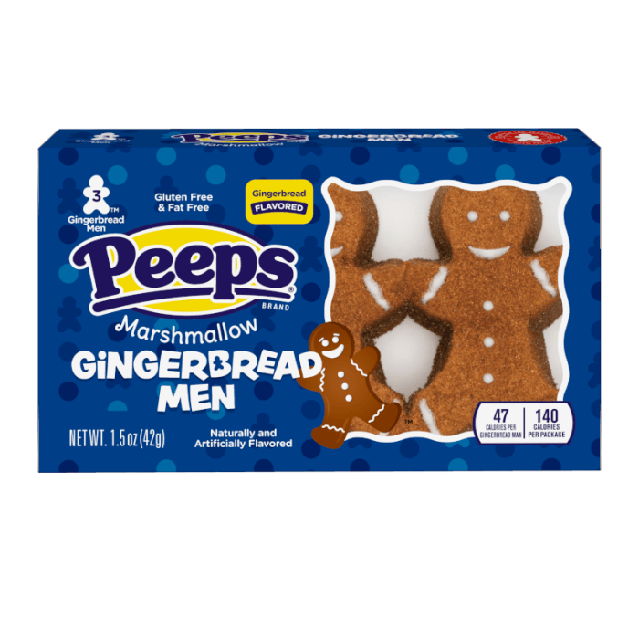 Front of Peeps Gingerbread (42g) pack showing the brand logo, gingerbread flavour label, and marshmallow gingerbread figures inside the packaging.