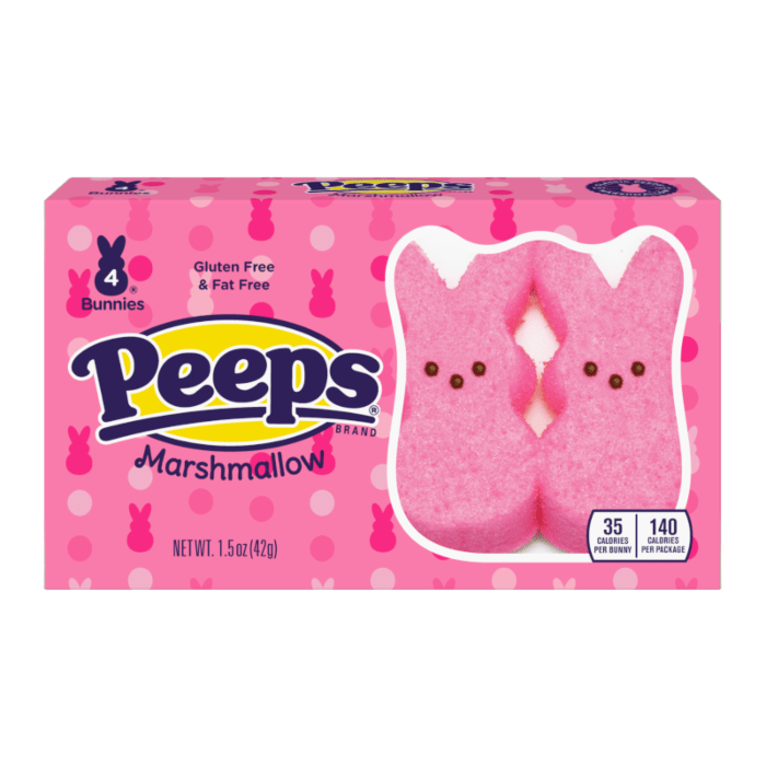 Front of Peeps Pink Marshmallow Bunnies box displaying the pink marshmallow bunnies, gluten-free label, and pack size of 42g (4 bunnies)