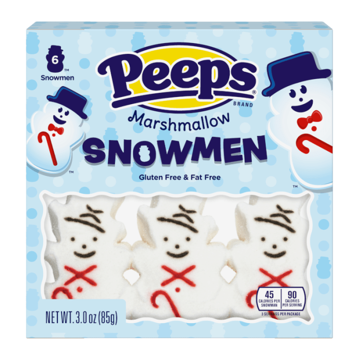 Front of Peeps Snowmen package showing marshmallow snowmen, blue label, gluten free and fat free claims, and 85g pack size.