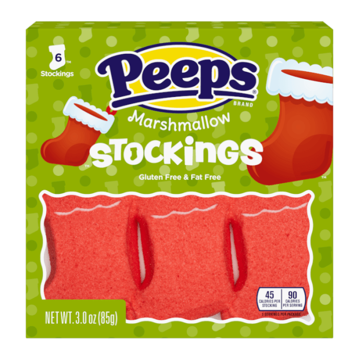 Front of Peeps Stockings package showing the brand logo, marshmallow stocking treats, and gluten-free label (85g pack)