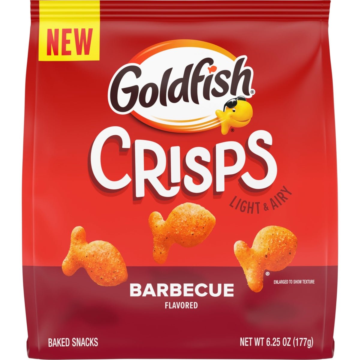 Front of Pepperidge Farm Goldfish Crackers BBQ pack showing the logo, barbecue flavour text, and 177g net weight