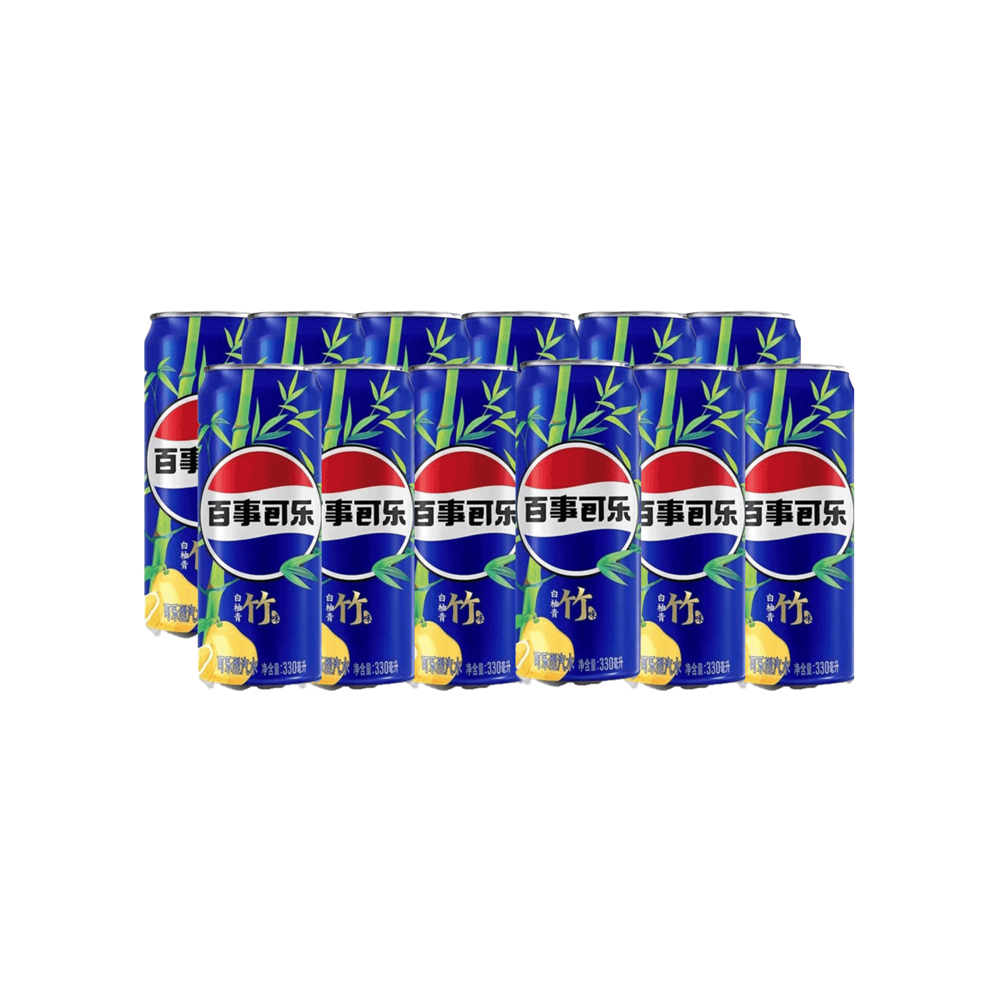 Front of Pepsi Pomelo Bamboo case showing blue and white branding with bamboo and pomelo graphics, featuring a 12 pack of 330ml cans.