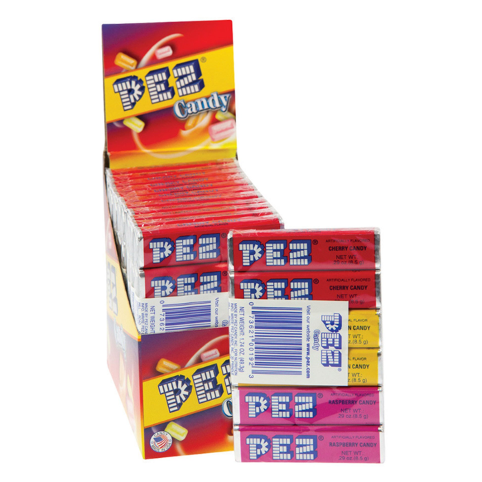 Front of PEZ Assorted Fruit Refill Pack showing colourful logo and assorted fruit flavours with a total of 6 pieces in the pack.