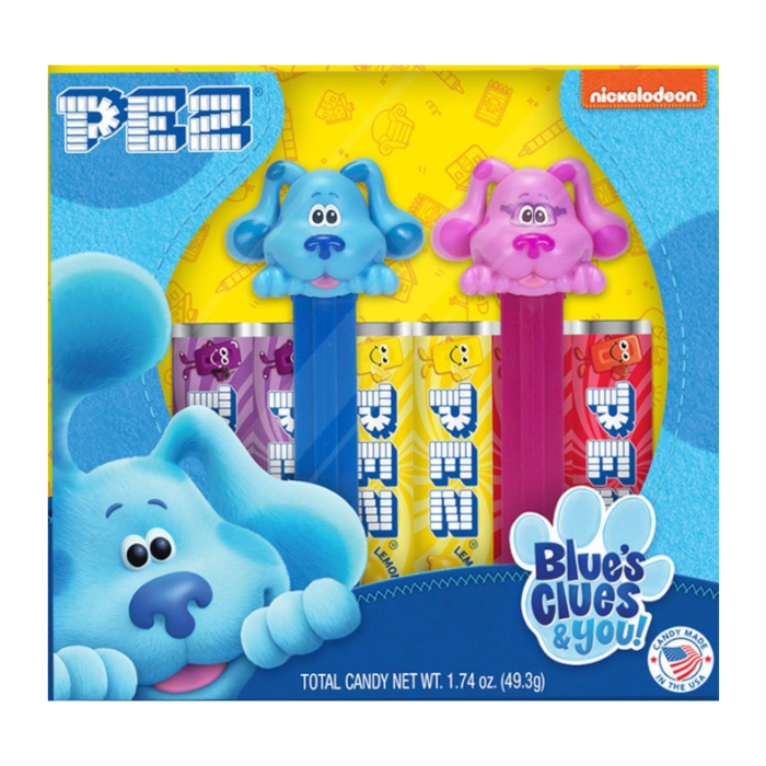 Front of Pez Candy Dispenser Blues Clues package showing dispensers with Blue and Pink characters and colourful candy packs (49.3g)