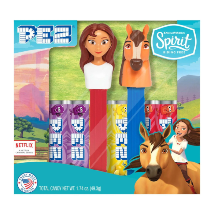 Front of Pez Candy Dispenser Spirit Gift Set showing dispensers featuring horse and character from DreamWorks Spirit along with candy (49.3g)