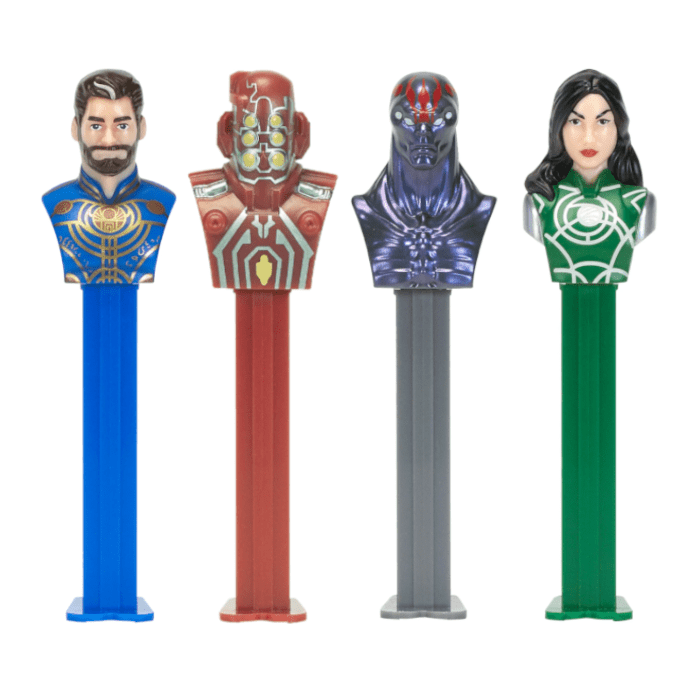 Front of Pez Candy Dispenser Marvel Eternals showcasing colourful character designs and logo (24.7g)
