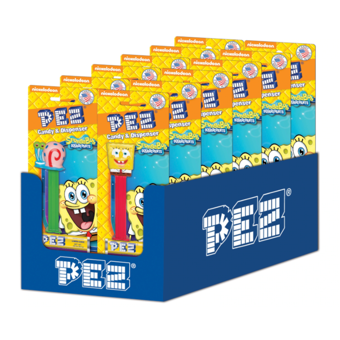 Front of Pez Candy Dispenser Spongebob Squarepants packaging showing bright yellow design, comic-style graphics, and Spongebob character with candy dispenser (24.7g)