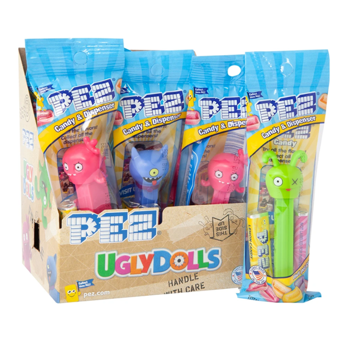 Front of Pez Candy Dispenser Ugly Dolls Poly Pack displaying colourful dispensers and character designs (24.7g pack)