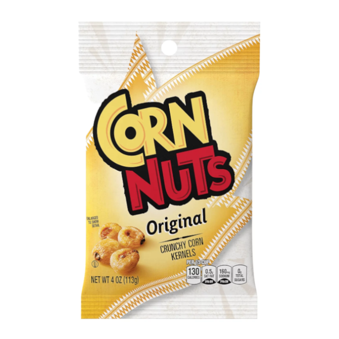 Front of Corn Nuts Original bag featuring the logo, crunchy corn kernels graphic, and 113g pack size