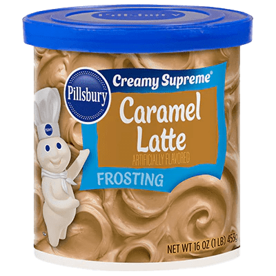 Front of Pillsbury Caramel Latte Frosting tub showing creamy latte flavour with logo and details (453g pack)