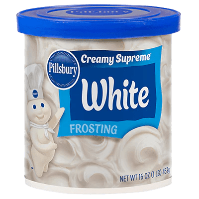 Front of Pillsbury Creamy White Frosting tub showing the logo, creamy white texture, and 453g pack size.