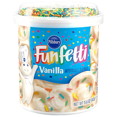 Front of Pillsbury Funfetti Vanilla Frosting tub featuring vibrant logo, vanilla flavour label, and colourful sprinkles (442g pack)