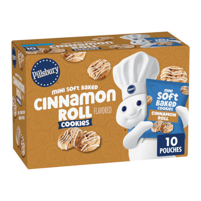Front of Pillsbury Soft Baked Cinnamon Roll Cookies box featuring the logo, mini cookies, and vibrant design with a 10 pack count (283g)