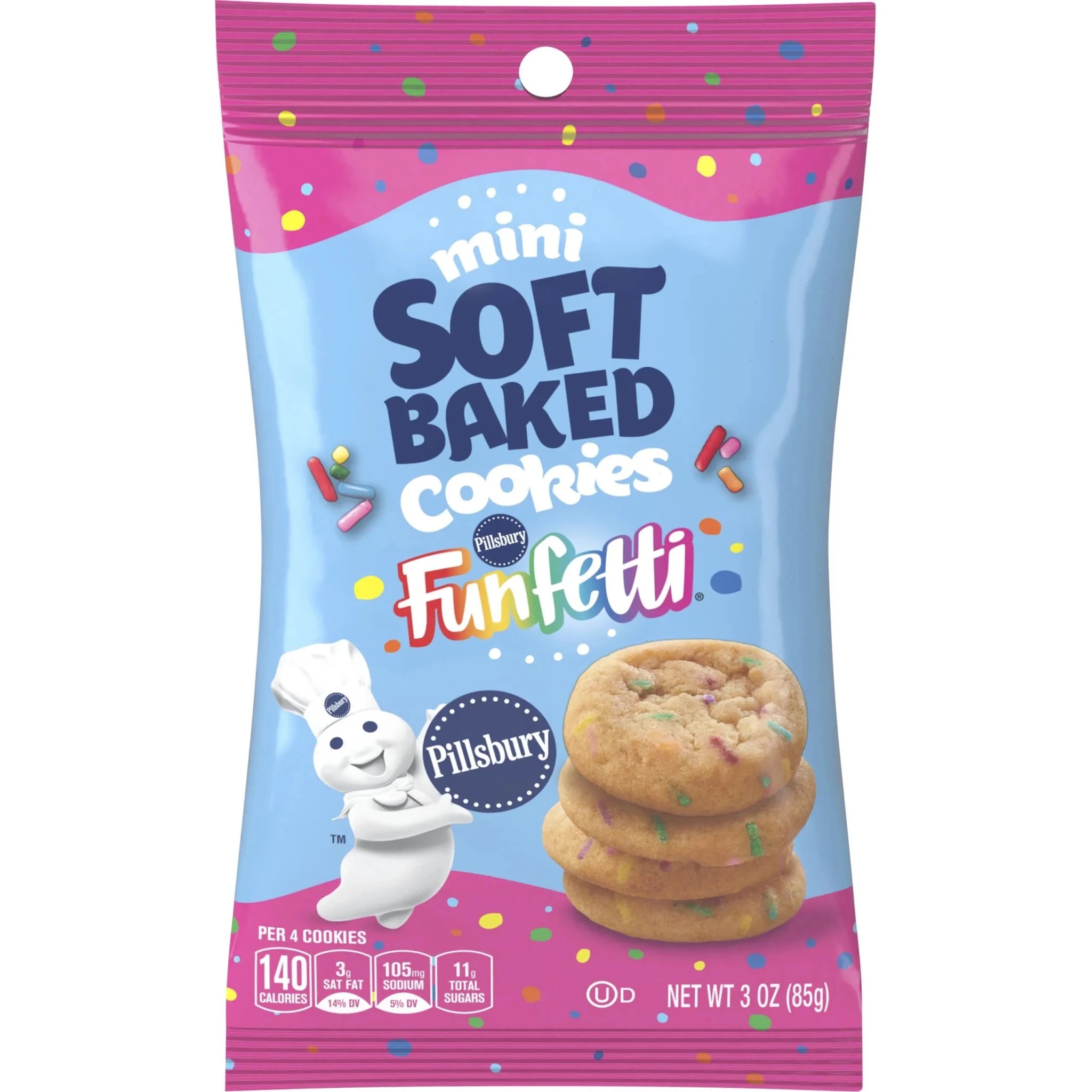 Front of Pillsbury Soft Baked Funfetti Cookies bag showing vibrant sprinkles, soft cookie image, and brand logo (85g pack)