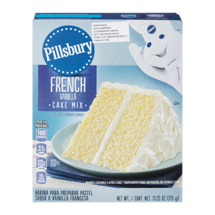 Front of Pillsbury French Vanilla Cake Mix box displaying logo, cake image, and pack size (375g)