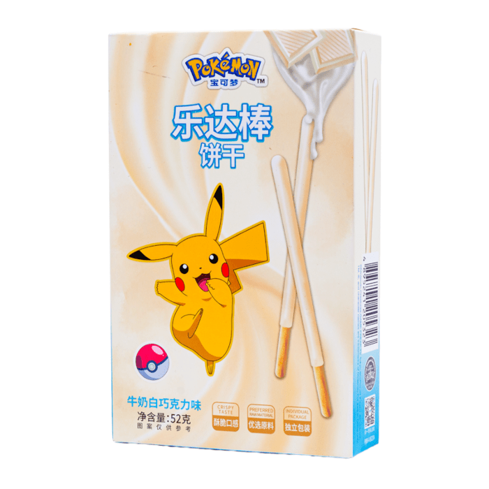 Front of Pokémon Stick Milk White Chocolate box featuring Pikachu, creamy white chocolate sticks, and logo (52g pack)