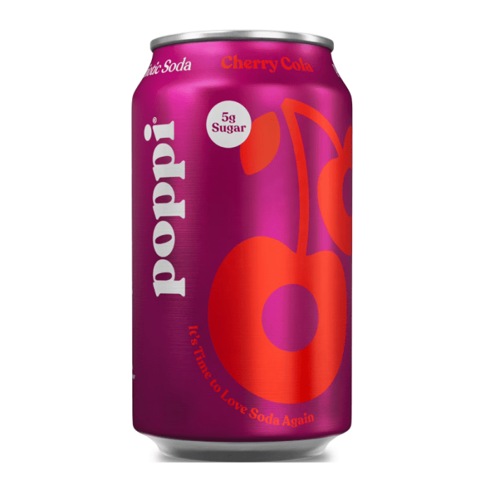 Front of Poppi Cherry Cola can featuring vibrant cherry logo and label, with "5g Sugar" claim and 355ml size