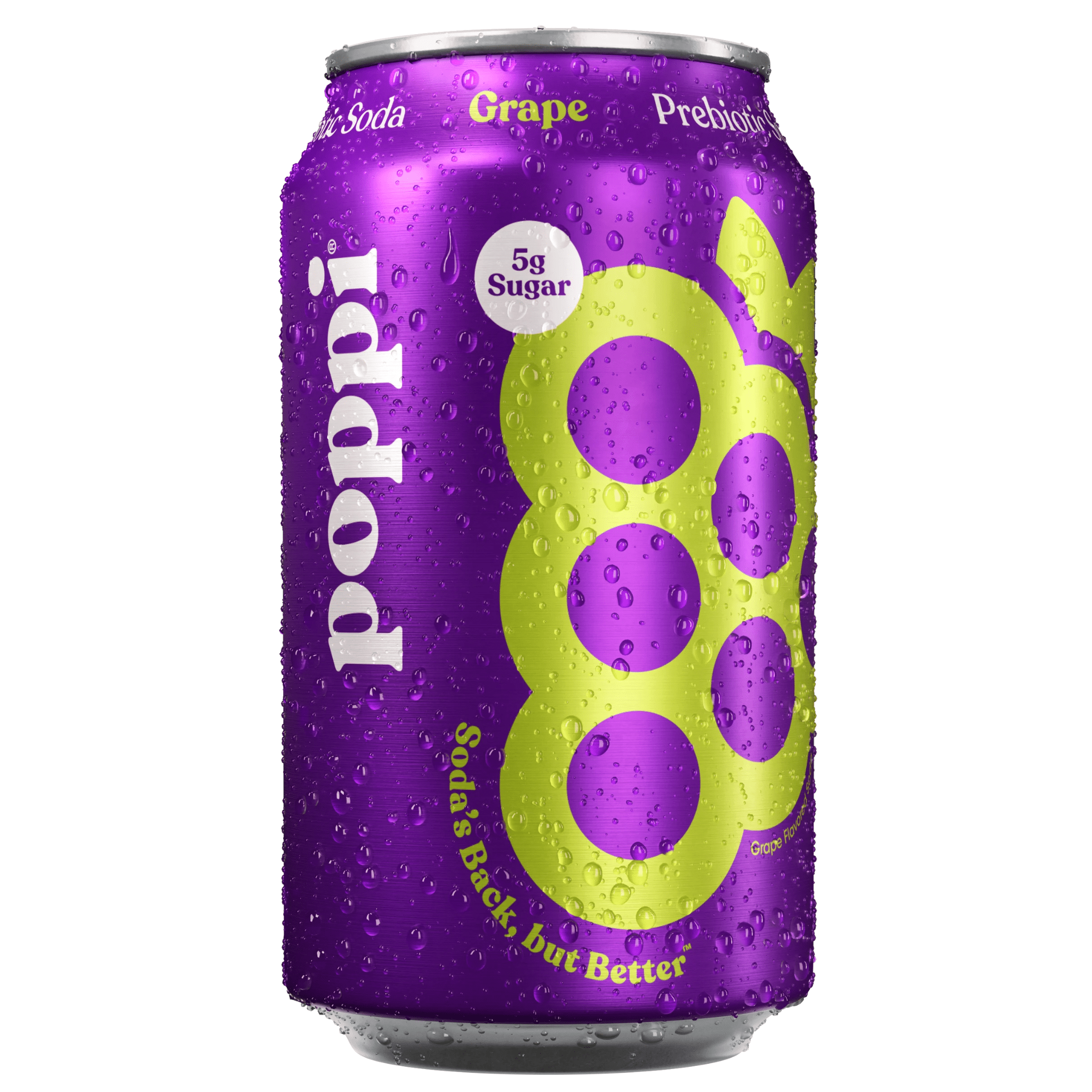 Front of Poppi Grape Prebiotic Soda can showing vibrant purple colour, grape flavour label, and 355ml volume text