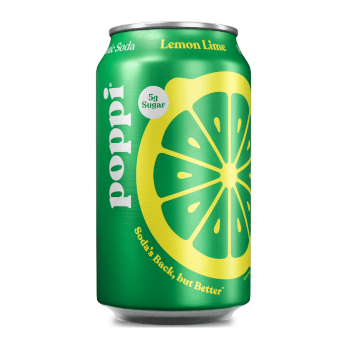 Front of Poppi Lemon Lime Prebiotic Soda can featuring a bright green design, lemon lime flavour graphic, and 355ml pack size.