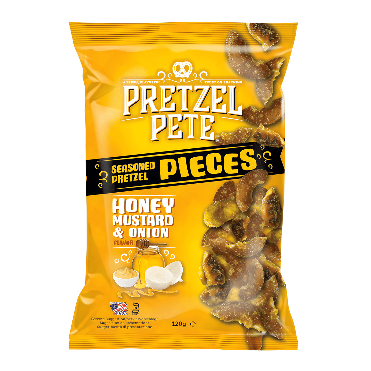 Front of Pretzel Pete Honey Mustard & Onion Seasoned Pretzel Pieces bag showing bright yellow packaging, logo, and details of flavour (120g pack)