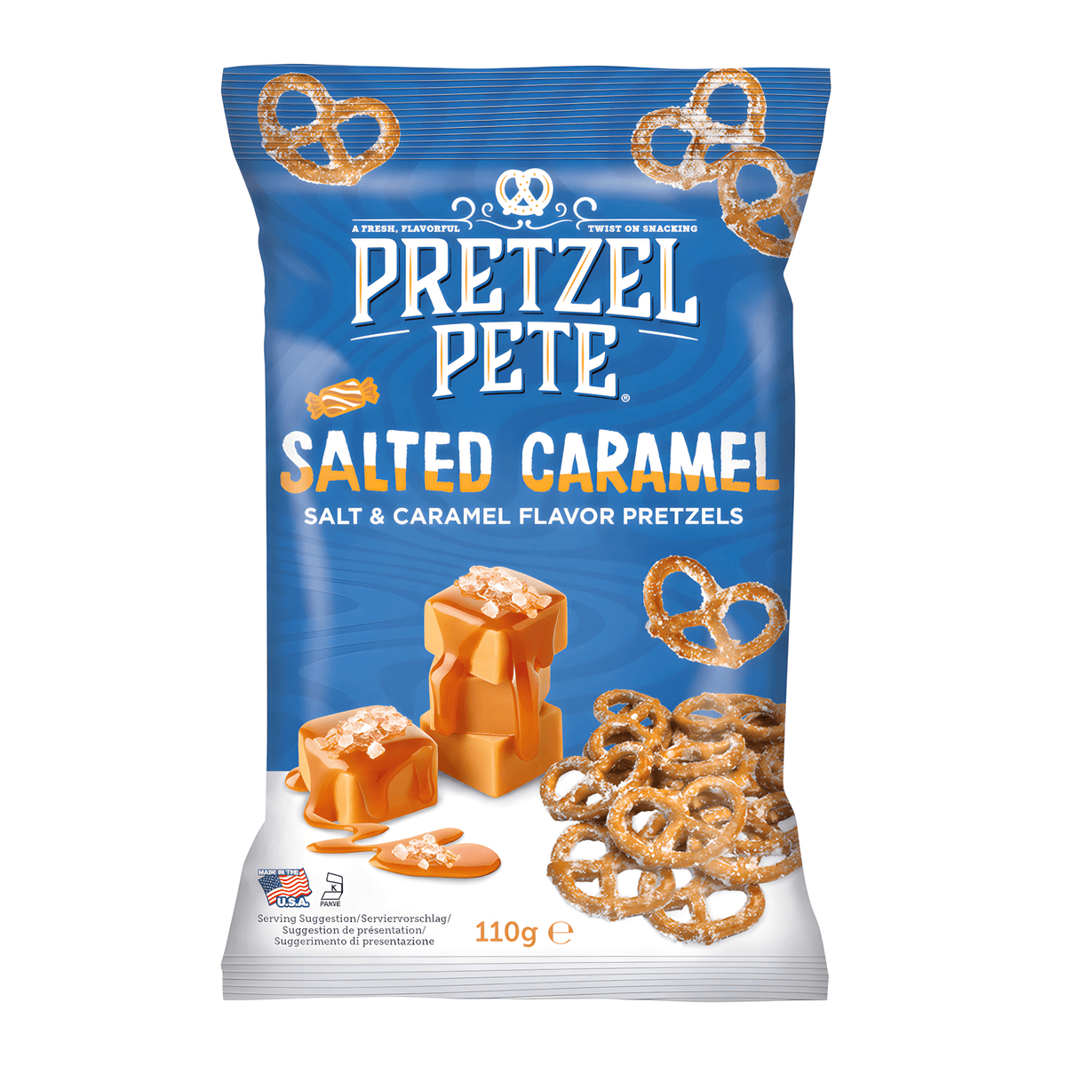 Front of Pretzel Pete Salted Caramel Pretzels bag showing logo, salted caramel flavour, and images of caramel pieces and pretzels (110g pack)
