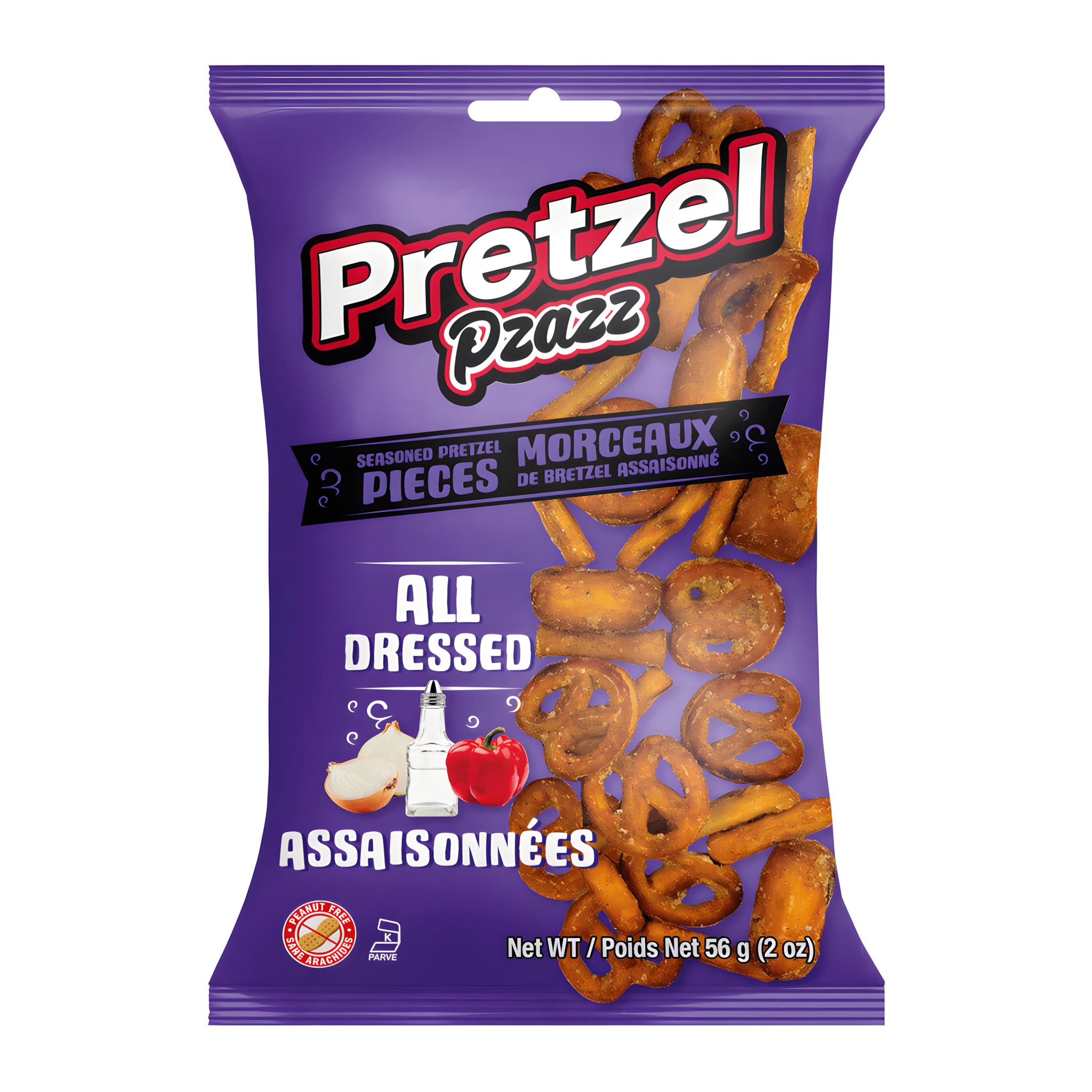 Front of Pretzel Pzazz All Dressed Seasoned Pretzel Pieces bag showing purple packaging, pretzel pieces, and flavour details (56g pack)