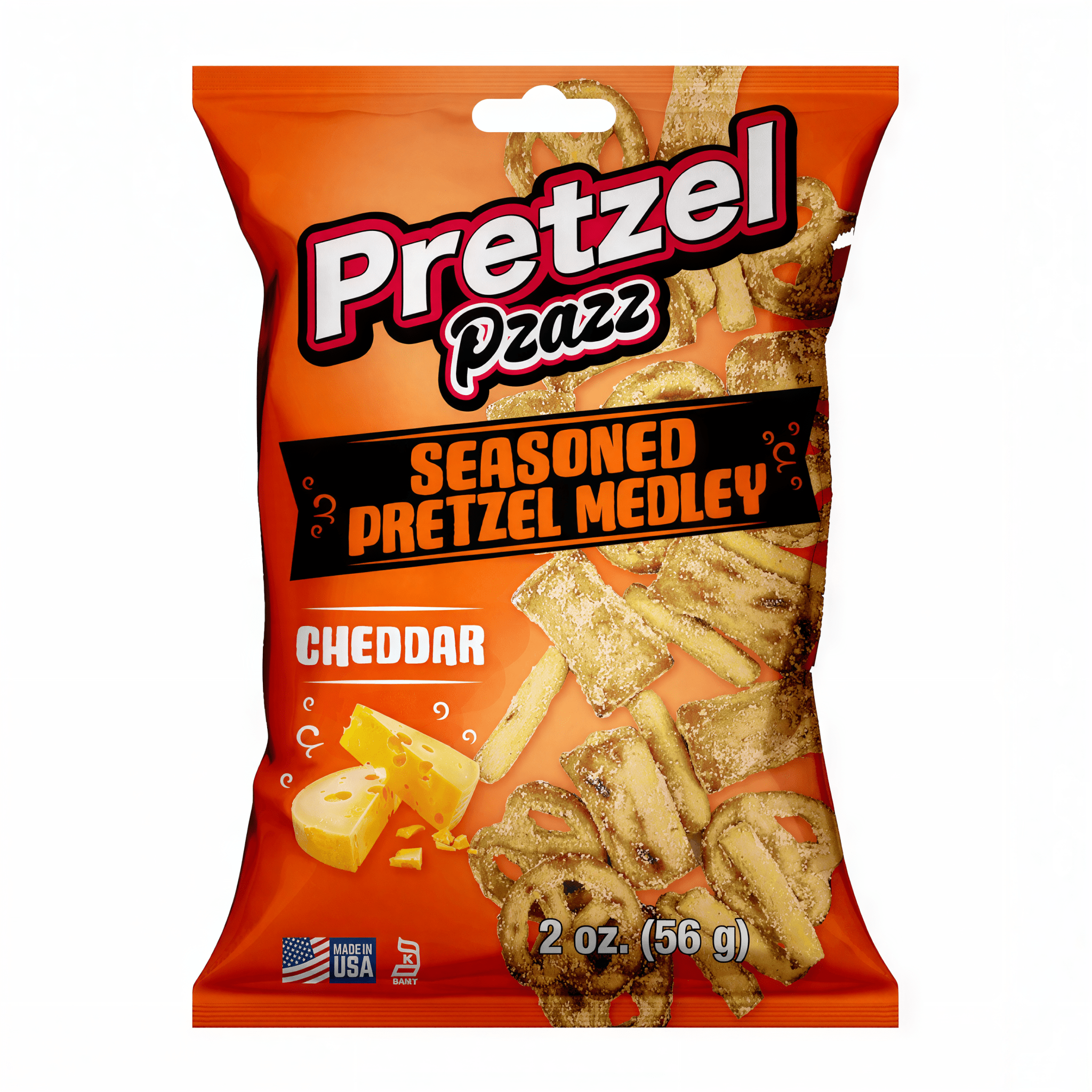 Front of Pretzel Pzazz Cheddar bag showing bold logo, seasoned pretzel medley with cheddar cheese imagery, and 57g pack size.