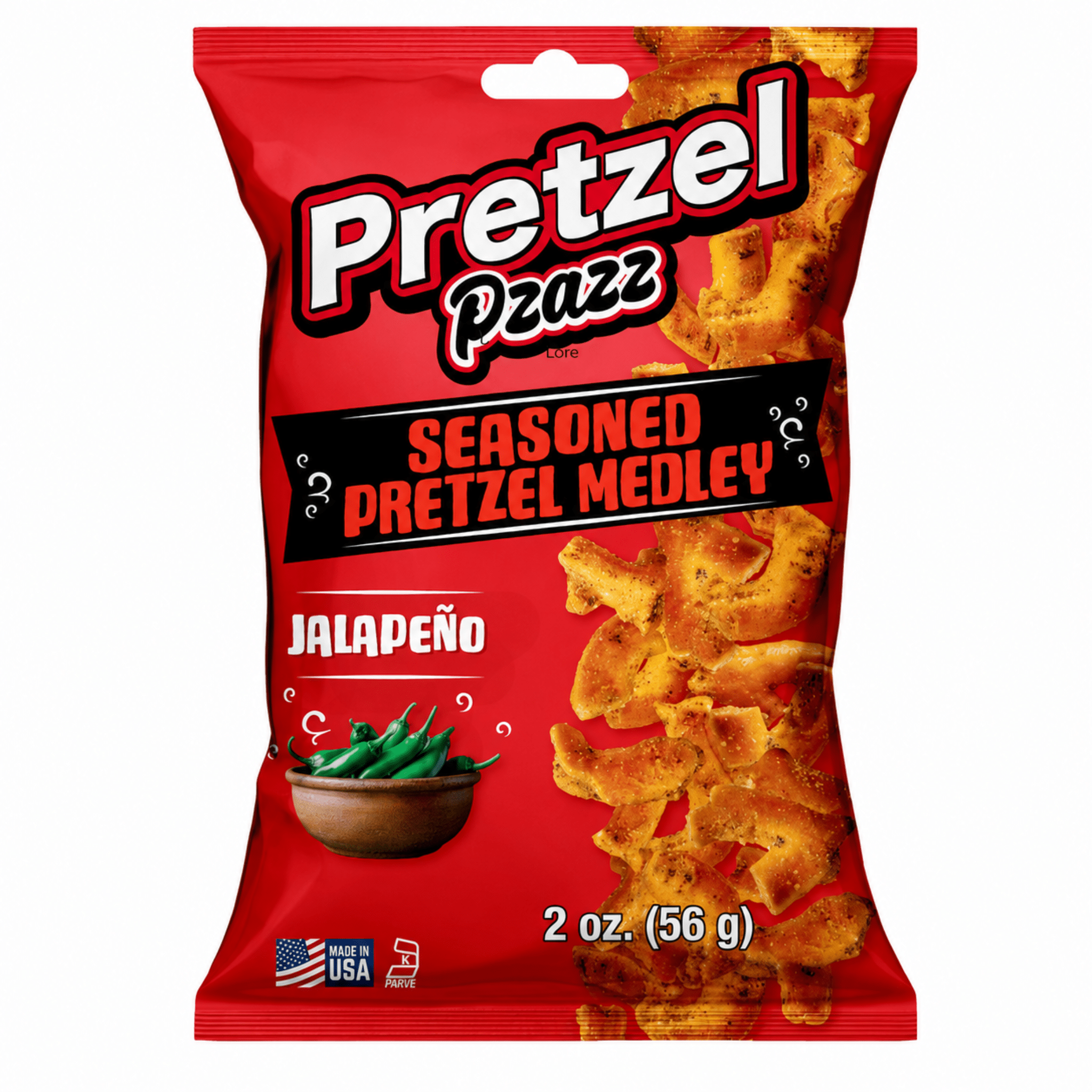 A 56g bag of Pretzel Pzazz Seasoned Pretzel Medley in Jalapeño flavor, featuring a bright red packaging design with an image of golden-brown pretzel chips and green jalapeño peppers.