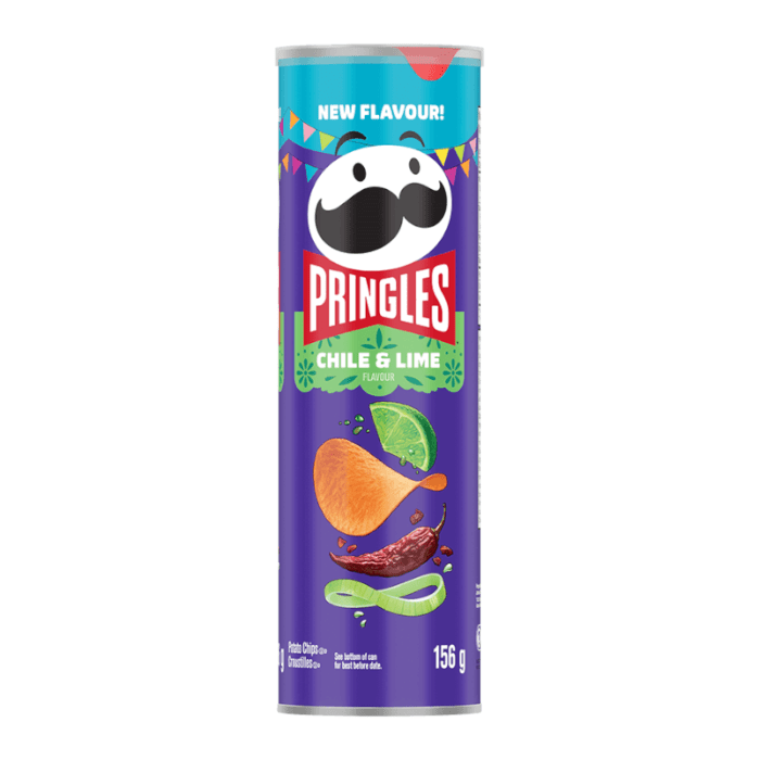 Front of Pringles Chile & Lime can featuring the logo, vibrant design, and images of a potato crisp, chilli, and lime (156g)