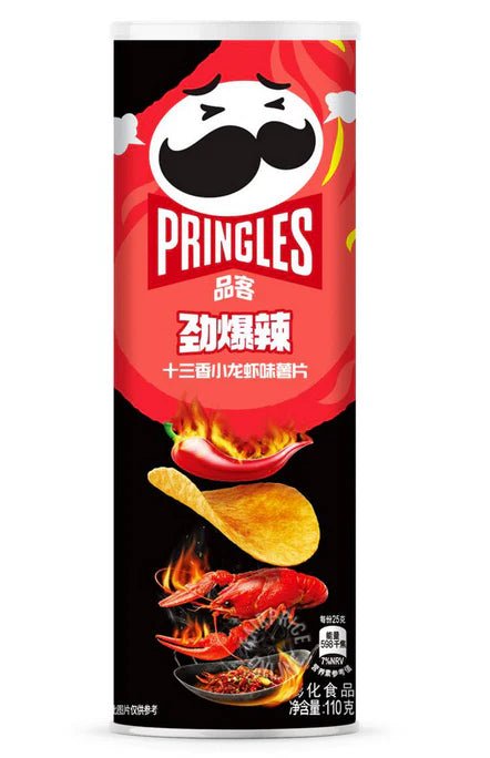 Front of Pringles Spicy Crayfish tube showing bold logo, fiery crayfish flavour label, and an image of crispy chips (110g pack)