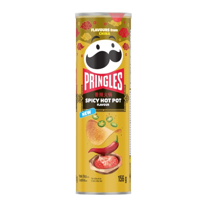 Front of a yellow tube of Pringles Spicy Hot Pot showing logo, vibrant graphics, crisp imagery, and pack size of 156g.