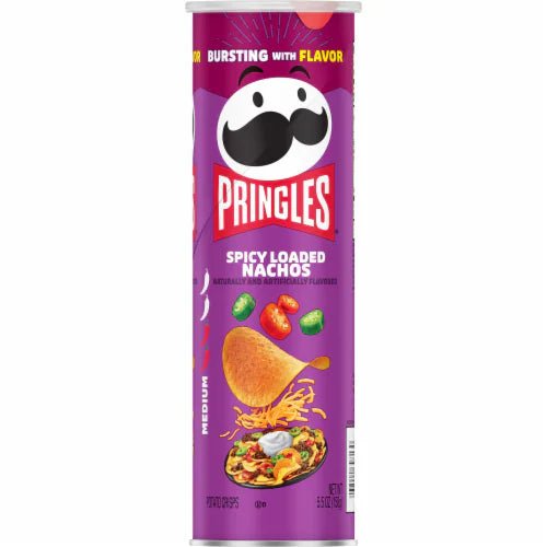 Front of a Pringles canister showing the logo and Spicy Loaded Nachos flavour with vibrant graphics (158g)