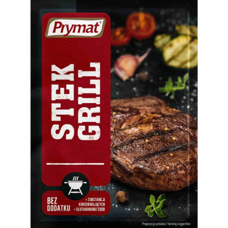 Front of Prymat Grilled Steak Seasoning packet showing bold red logo, steak grilling label, and a beautifully grilled steak image (20g pack)