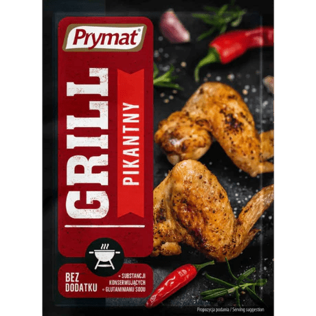 Front of Prymat Spicy Grill Seasoning package featuring bold red label with logo, showcasing spicy grill seasoning (20g pack)