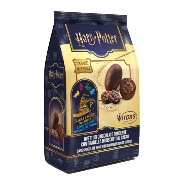 Front of Harry Potter Dark Chocolate Cookies Filled Creme Eggs bag showing the product title, rich dark chocolate eggs, and cookie pieces (120g pack)