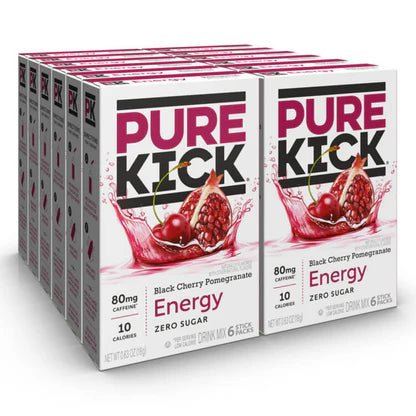 Front of Pure Kick Energy Black Cherry Pomegranate Singles to Go box showing logo, black cherry and pomegranate design, and 12 pack with 80mg caffeine and zero sugar.