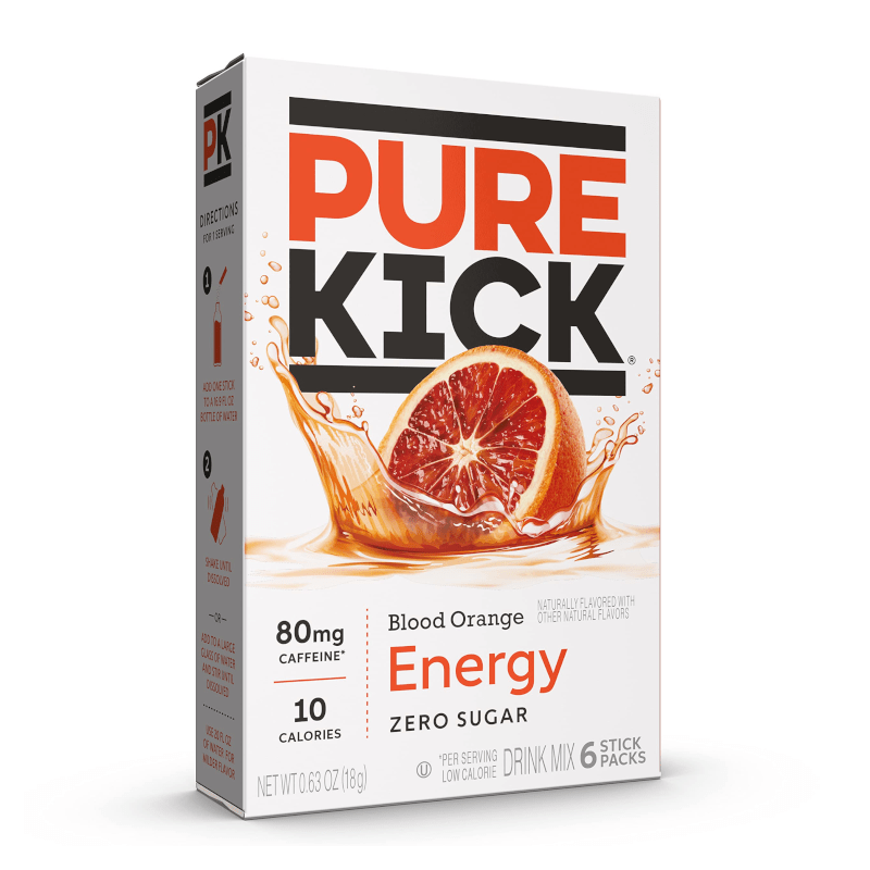 Front of Pure Kick Energy Blood Orange Singles to Go box showing bold logo and vibrant blood orange imagery with 6 stick packs (18g total)