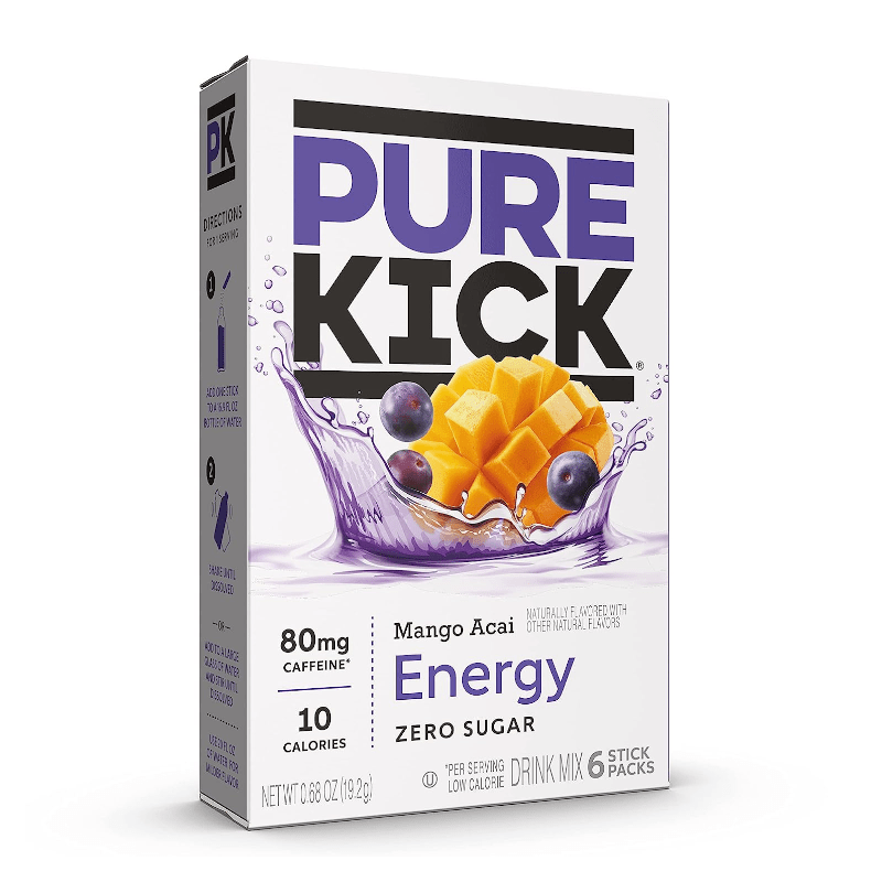 Front of Pure Kick Energy Mango Acai Singles to Go box showing brand name, mango acai flavour label, and pack size of 6 stick packs (19.2g)